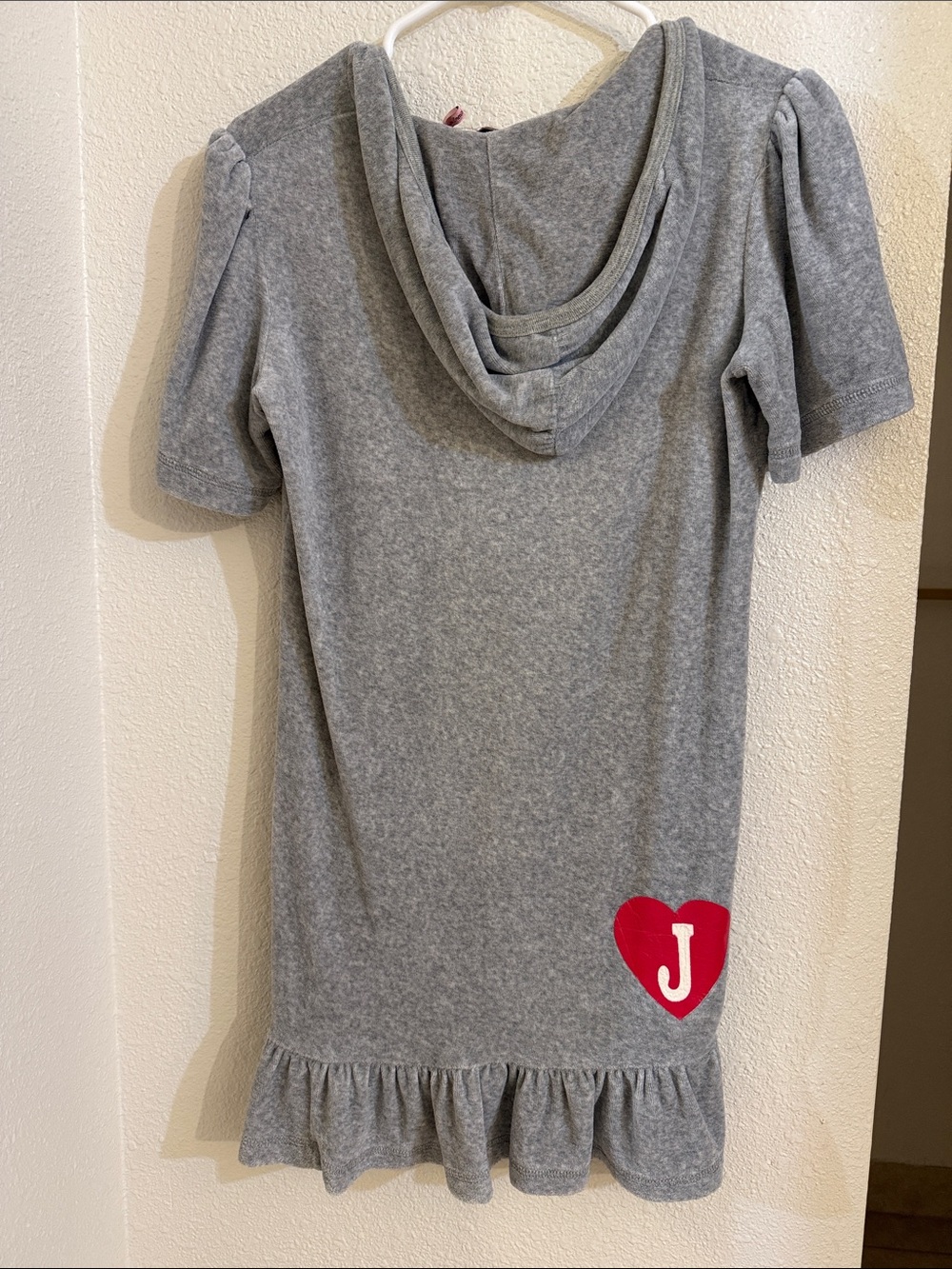 Juicy Couture Gray Hooded Short-Sleeve Dress Top with Red Heart J medium